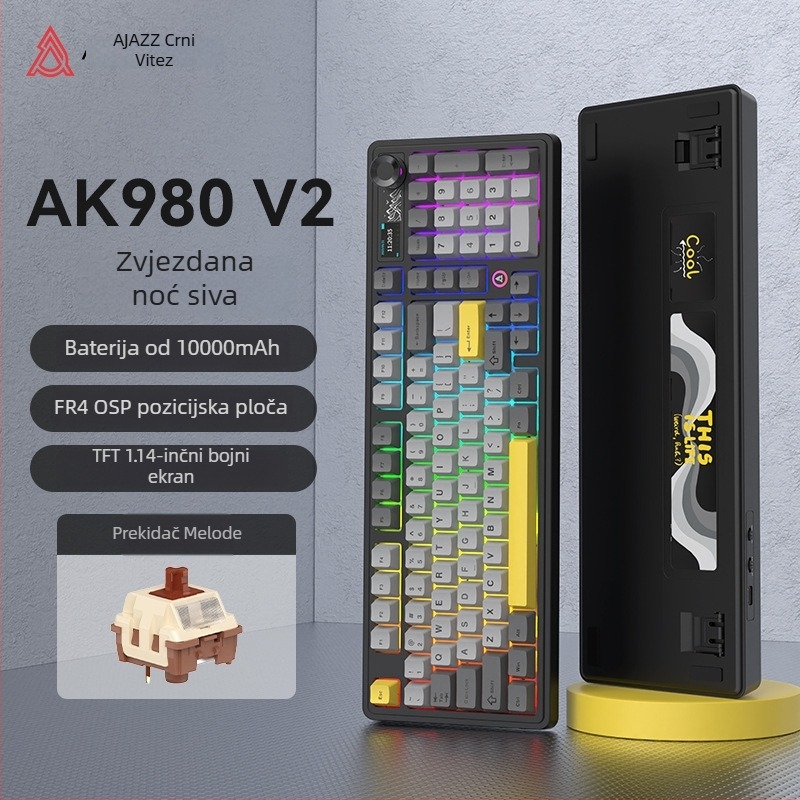 Ak980 V2 mehanička tipkovnica, 98 tipki, tri načina povezivanja, 10000mAh baterija, kompatibilna s do 3 uređaja