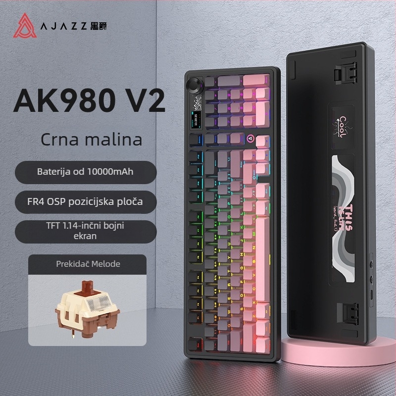 Ak980 V2 mehanička tipkovnica, 98 tipki, tri načina povezivanja, 10000mAh baterija, kompatibilna s do 3 uređaja