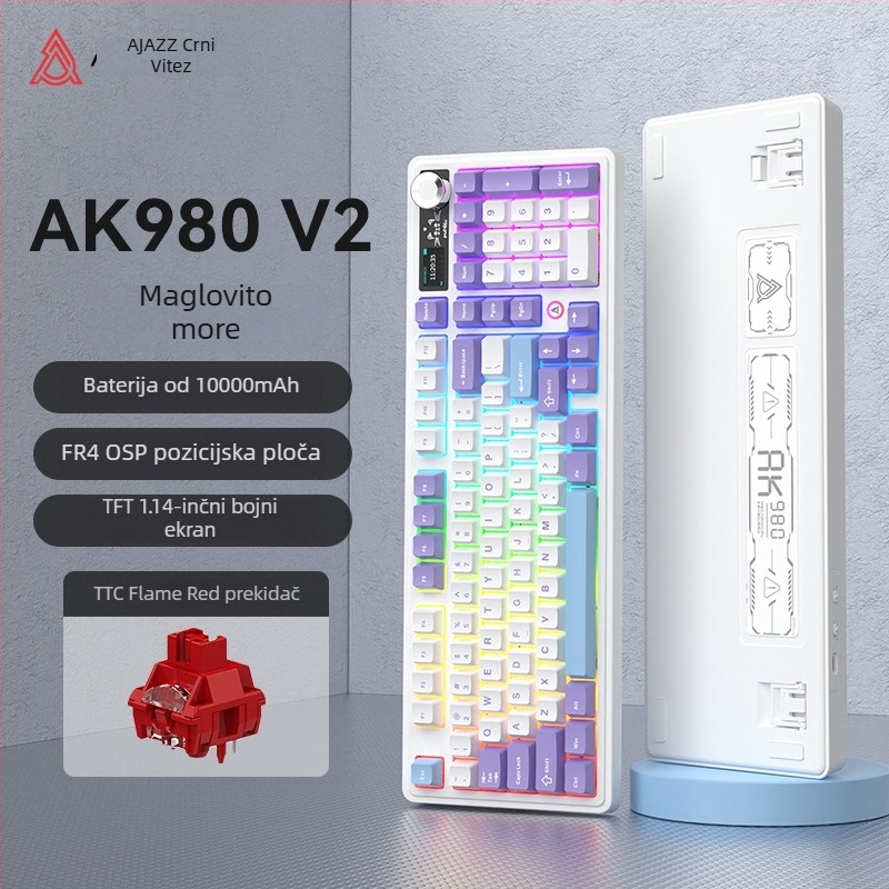 Ak980 V2 mehanička tipkovnica, 98 tipki, tri načina povezivanja, 10000mAh baterija, kompatibilna s do 3 uređaja