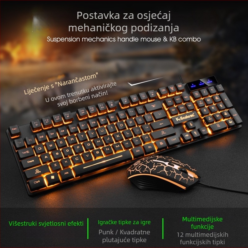 Set tipkovnice i miša USB, s pozadinskim osvjetljenjem, 1000dpi, ergonomski, vodootporan, kabel 1,5 m