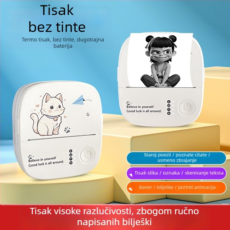 Mini printer za mačje naljepnice – prijenosni Bluetooth termični pisač, širina ispisa 5,7 cm, 1 rolna papira, napajanje 3,7V, kompatibilan s iOS i Android