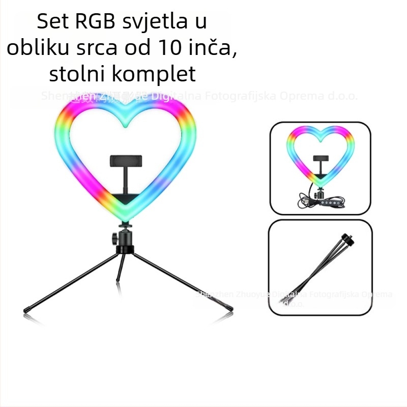 Srcolik RGB dopunsko svjetlo s stolnim stativom – LED svjetlo za selfie i prijenos uživo, 10W–48W, 5V2A, modeli 1202P, 1802, skalabilno, uspravno korištenje