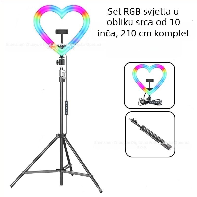 Srcolik RGB dopunsko svjetlo s stolnim stativom – LED svjetlo za selfie i prijenos uživo, 10W–48W, 5V2A, modeli 1202P, 1802, skalabilno, uspravno korištenje