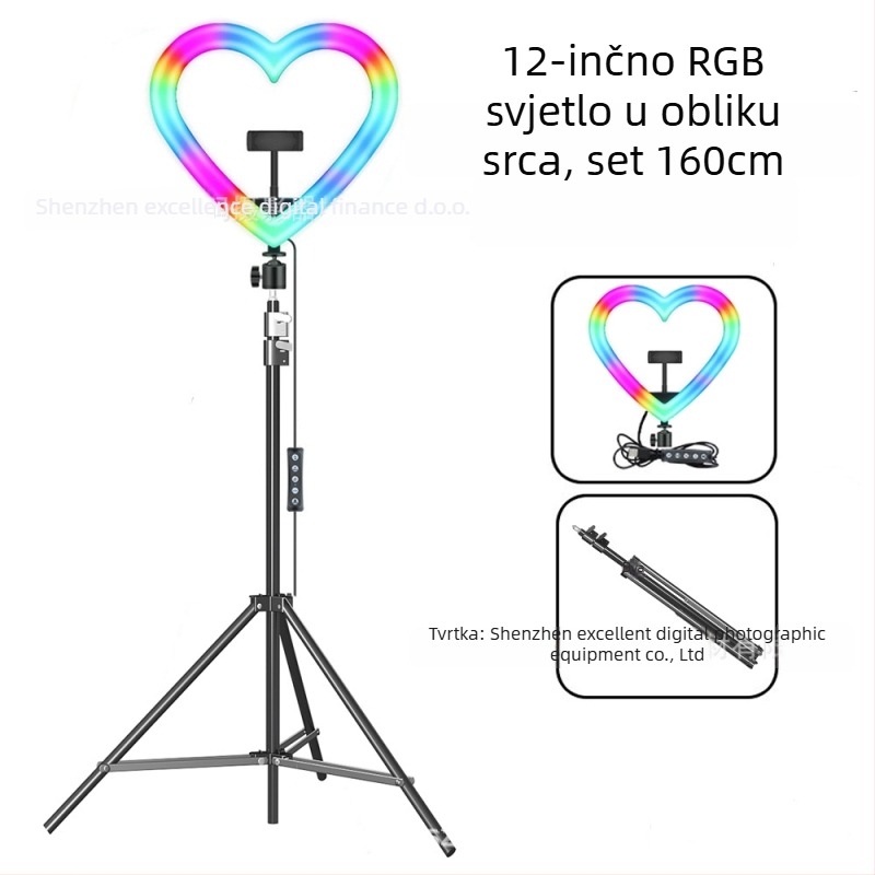 Srcolik RGB dopunsko svjetlo s stolnim stativom – LED svjetlo za selfie i prijenos uživo, 10W–48W, 5V2A, modeli 1202P, 1802, skalabilno, uspravno korištenje