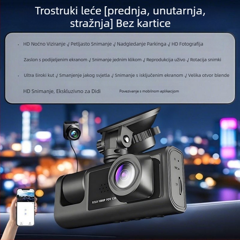 Automobilska kamera s tri objektiva, 360° panoramsko snimanje, infracrveno noćno vidanje, 1080p video, 256GB memorije
