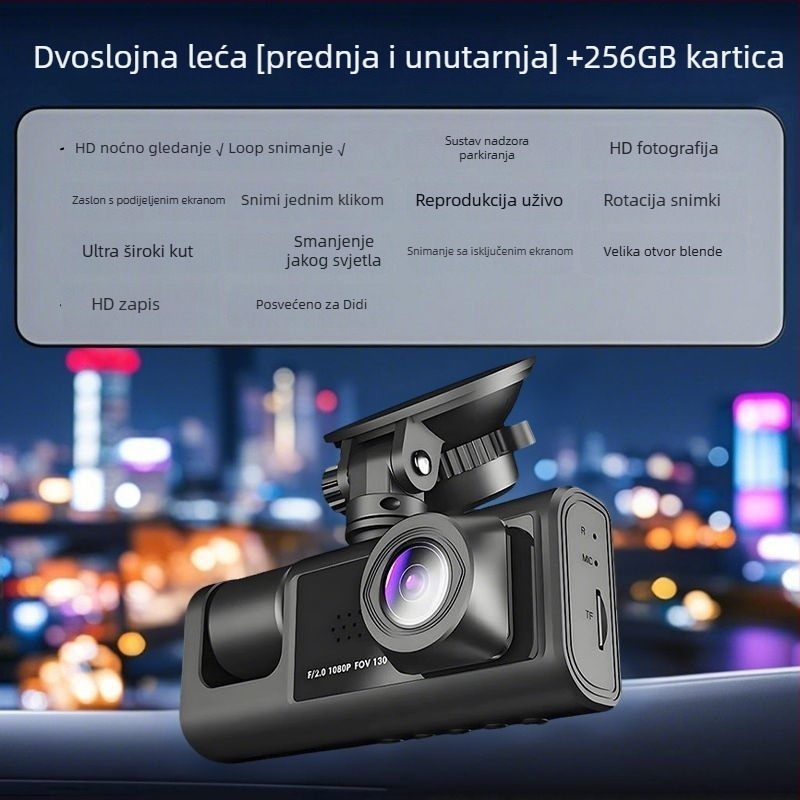 Automobilska kamera s tri objektiva, 360° panoramsko snimanje, infracrveno noćno vidanje, 1080p video, 256GB memorije
