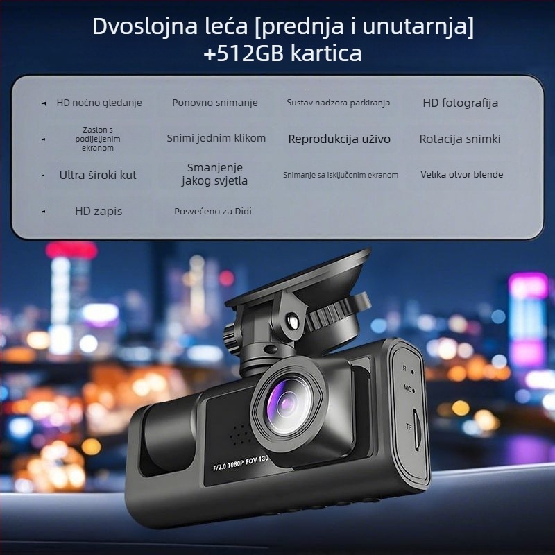Automobilska kamera s tri objektiva, 360° panoramsko snimanje, infracrveno noćno vidanje, 1080p video, 256GB memorije