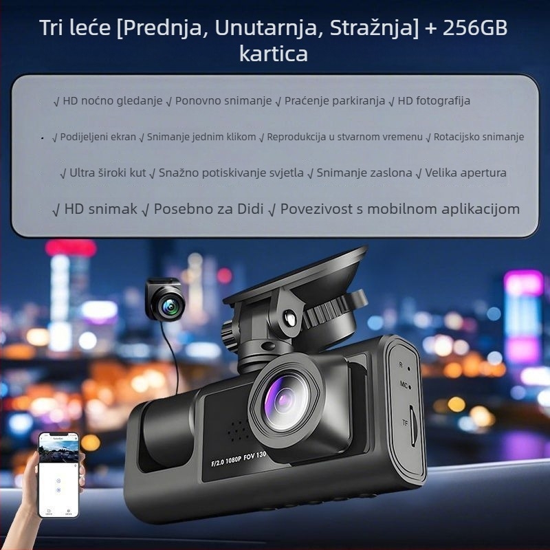 Automobilska kamera s tri objektiva, 360° panoramsko snimanje, infracrveno noćno vidanje, 1080p video, 256GB memorije