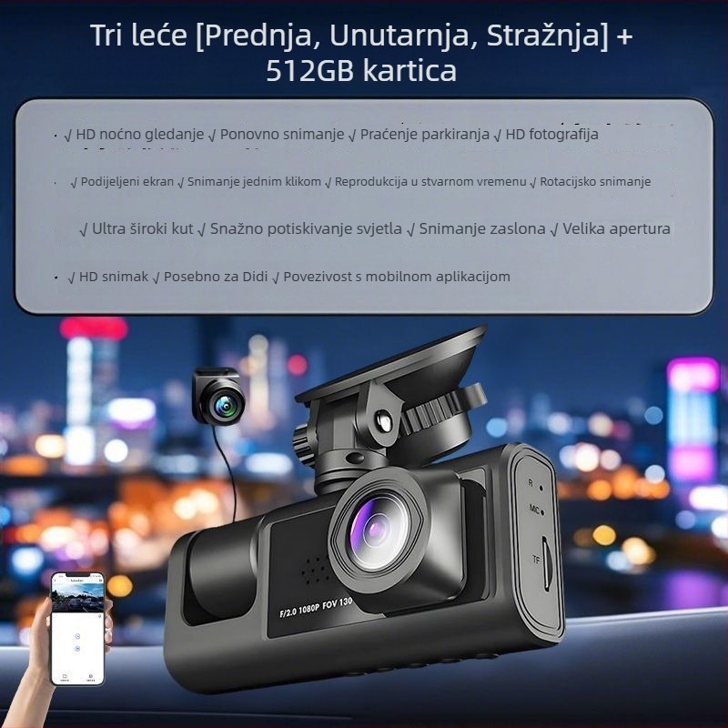 Automobilska kamera s tri objektiva, 360° panoramsko snimanje, infracrveno noćno vidanje, 1080p video, 256GB memorije