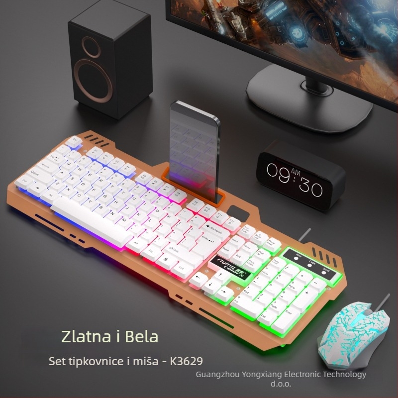 Yangcai kabelski set tipkovnice i miša s pozadinskim osvjetljenjem, optička 1200 dpi, USB priključci, ergonomski dizajn