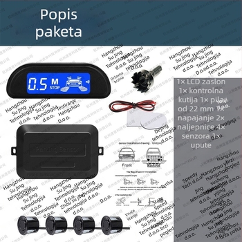 LED radar za parkiranje straga - komplet s 4 senzora, LED zaslon, zvučna alarma, 12V, domet 0,3-2 m