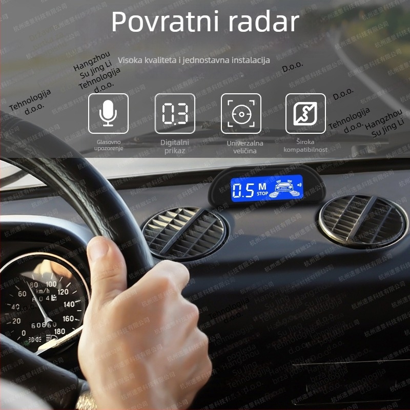 LED radar za parkiranje straga - komplet s 4 senzora, LED zaslon, zvučna alarma, 12V, domet 0,3-2 m