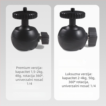 Univerzalna dijamantna kuglasta glava za kameru — 360° horizontalno okretanje, 140° vertikalno okretanje; pričvršćivanje vijakom; metal/ABS; kompatibilno s 1/4-inč vijkom