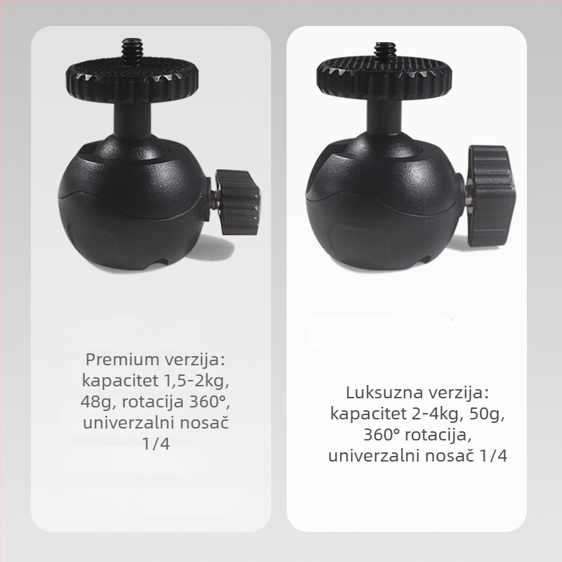Univerzalna dijamantna kuglasta glava za kameru — 360° horizontalno okretanje, 140° vertikalno okretanje; pričvršćivanje vijakom; metal/ABS; kompatibilno s 1/4-inč vijkom