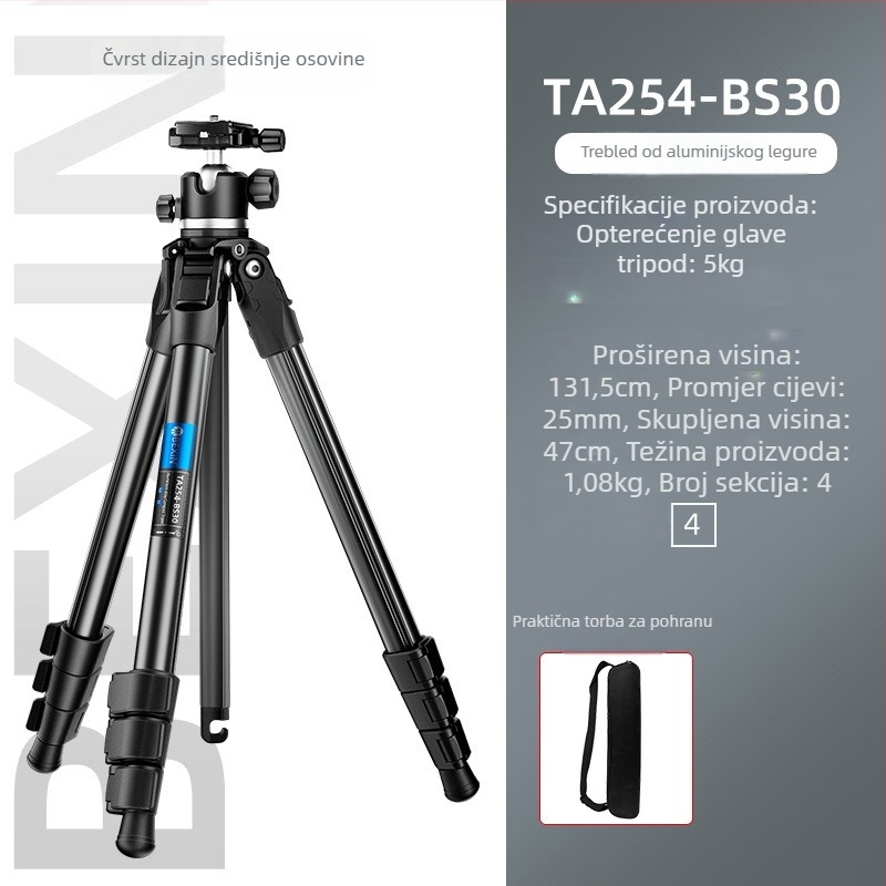 Aluminijski trokutasti stativ s kuglastom glavom, 5 sekcija, nosivost 5 kg, pločica za brzo oslobađanje, kompatibilan s bez ogledala/DSLR kamerama