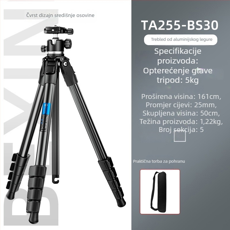 Aluminijski trokutasti stativ s kuglastom glavom, 5 sekcija, nosivost 5 kg, pločica za brzo oslobađanje, kompatibilan s bez ogledala/DSLR kamerama