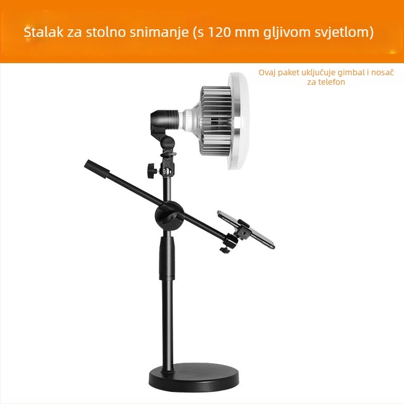Stalak za nadglavnu rasvjetu s lampom u obliku gljive, stolna ploča s disk bazom (360° okret, ABS/metala konstrukcija, za fotografiranje)