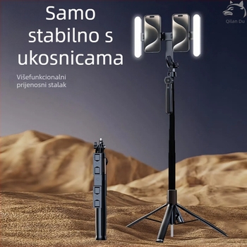 Mobitel s dvostrukom kamerom, četveronožni stalak za pod, anti‑drhtavi gimbal za livestream, daljinski upravljač i Bluetooth