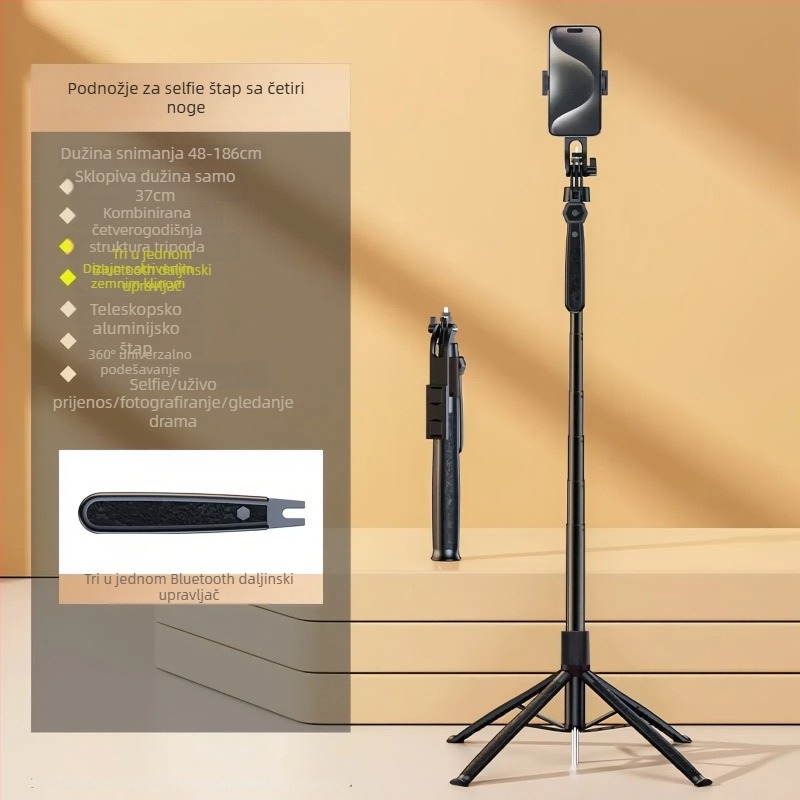 Mobitel s dvostrukom kamerom, četveronožni stalak za pod, anti‑drhtavi gimbal za livestream, daljinski upravljač i Bluetooth