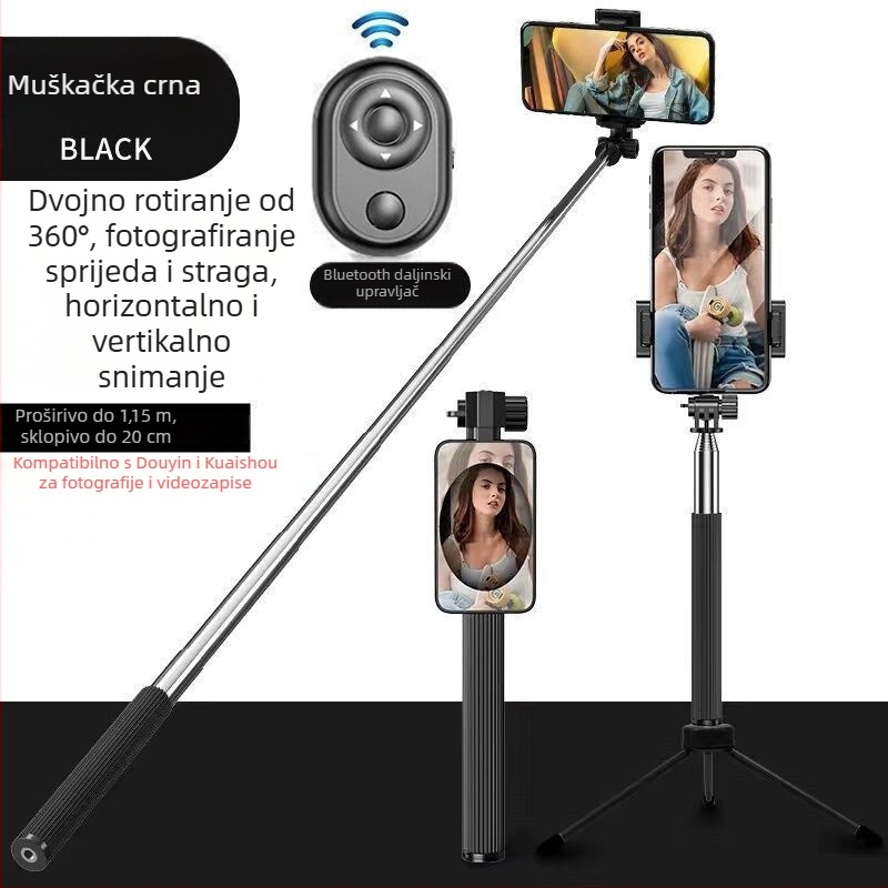 Selfie štapić s 360° rotacijom i tripodom, nehrđajući čelik, kompatibilan s Androidom, bez Bluetootha