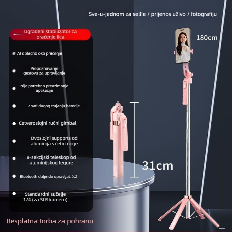 Gimbal tripod za prepoznavanje lica i praćenje, Bluetooth selfie štapić za vanjsko prijenos uživo (Materijal: Legura; Daljinski upravljač: Da; Protiv vibracija: Da; Bluetooth: Da)
