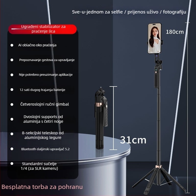 Gimbal tripod za prepoznavanje lica i praćenje, Bluetooth selfie štapić za vanjsko prijenos uživo (Materijal: Legura; Daljinski upravljač: Da; Protiv vibracija: Da; Bluetooth: Da)