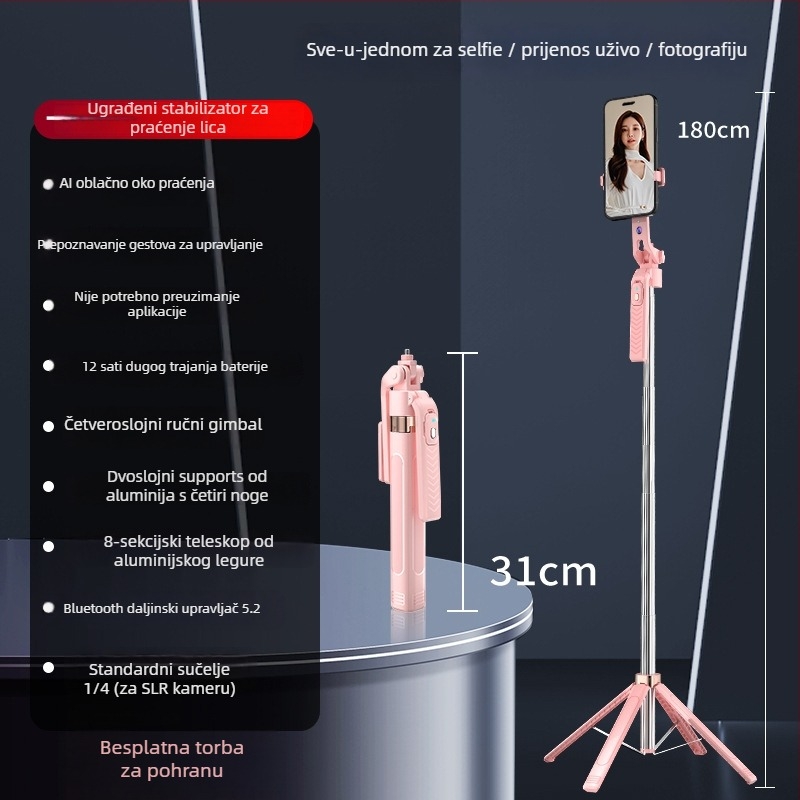 Gimbal tripod za prepoznavanje lica i praćenje, Bluetooth selfie štapić za vanjsko prijenos uživo (Materijal: Legura; Daljinski upravljač: Da; Protiv vibracija: Da; Bluetooth: Da)
