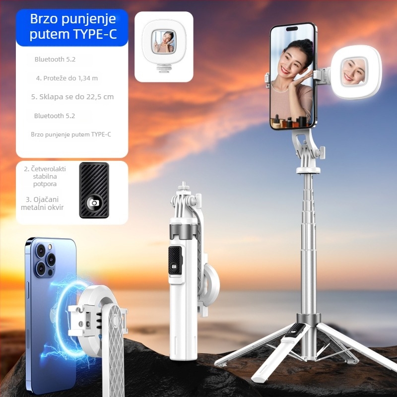 Magnetni selfie štap s Bluetooth daljinskim upravljanjem, četveronožni stativ, osvjetljenje za snimanje, konstrukcija od legure