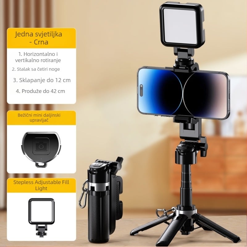 M1 Mini Selfie Štap s izvučnim dizajnom, Bluetooth daljinskim upravljačem, protidrhtanje stabilizacija, rasvjeta, stolni držač za prijenos uživo