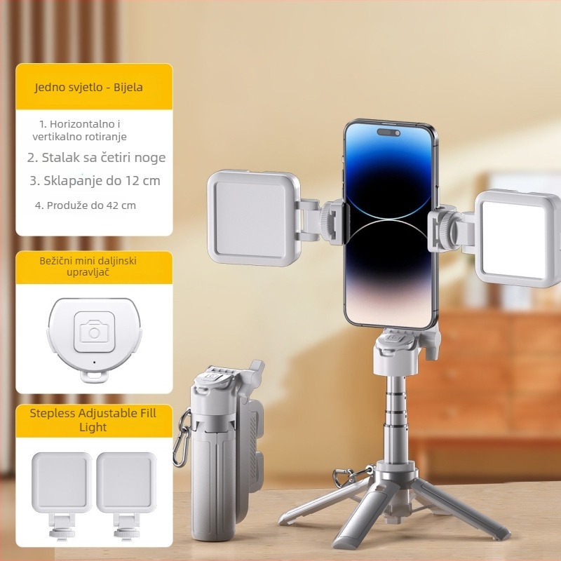 M1 Mini Selfie Štap s izvučnim dizajnom, Bluetooth daljinskim upravljačem, protidrhtanje stabilizacija, rasvjeta, stolni držač za prijenos uživo