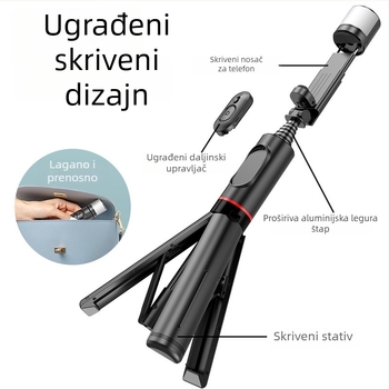 Q12S stalak za telefon s Bluetooth selfie štapićem, rotirajuće svjetlo, aluminijska legura, daljinski upravljač
