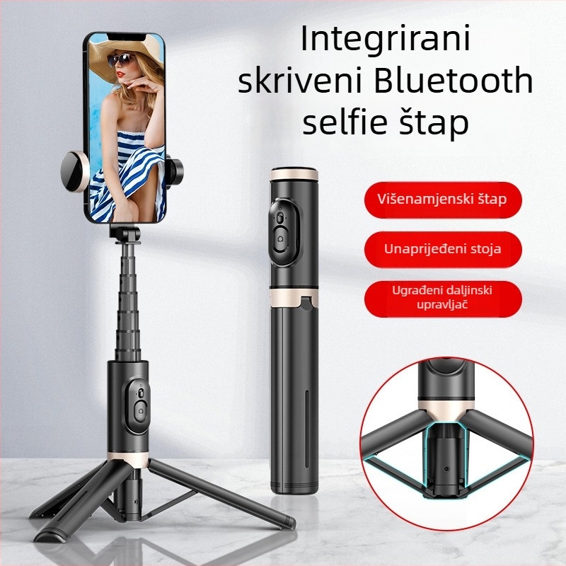 Q12S stalak za telefon s Bluetooth selfie štapićem, rotirajuće svjetlo, aluminijska legura, daljinski upravljač