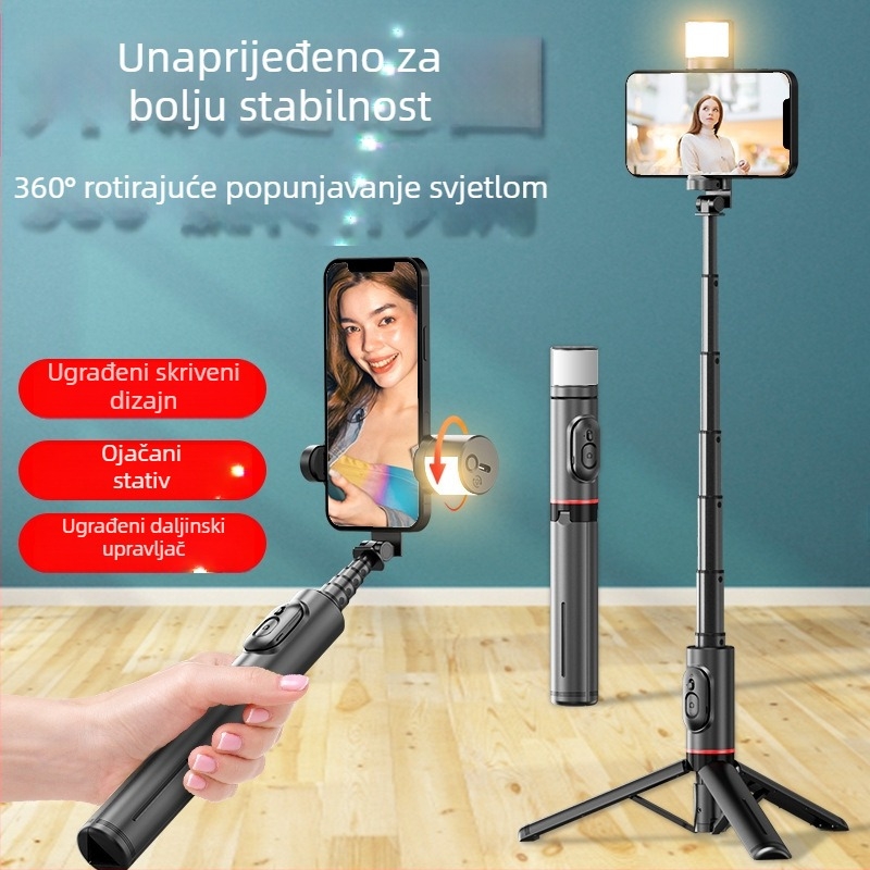 Q12S stalak za telefon s Bluetooth selfie štapićem, rotirajuće svjetlo, aluminijska legura, daljinski upravljač