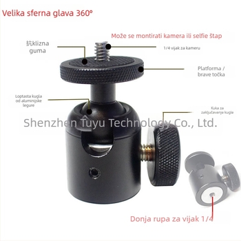 Aluminijska kuglasta glava za pan/tilt, 360°, s navojem 1/4" za stative i druge uređaje s 1/4" sučeljem (Model T025)