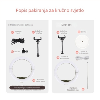 Prijenosna kružna LED lampa za ljepotu, šminkanje i livestream, dvobojna temperatura boje 2700–5600K, 10W, USB 5V, promjenjiva jačina svjetla, uključuje držač za telefon