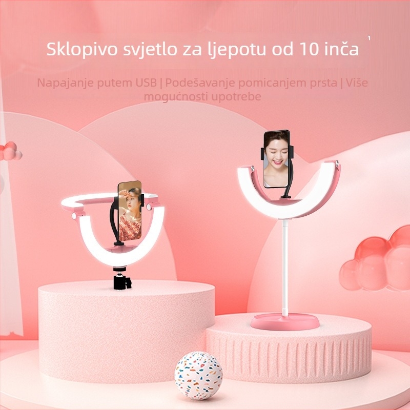 Prijenosna kružna LED lampa za ljepotu, šminkanje i livestream, dvobojna temperatura boje 2700–5600K, 10W, USB 5V, promjenjiva jačina svjetla, uključuje držač za telefon