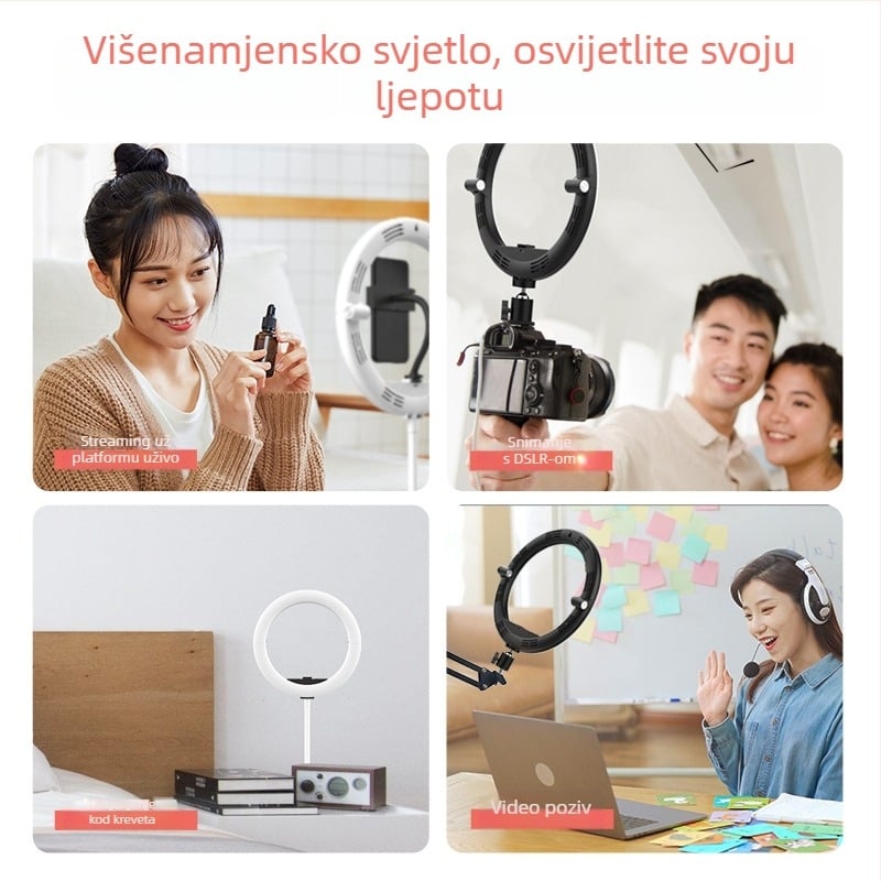 Prijenosna kružna LED lampa za ljepotu, šminkanje i livestream, dvobojna temperatura boje 2700–5600K, 10W, USB 5V, promjenjiva jačina svjetla, uključuje držač za telefon