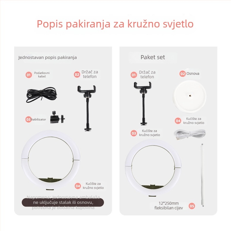 Prijenosna kružna LED lampa za ljepotu, šminkanje i livestream, dvobojna temperatura boje 2700–5600K, 10W, USB 5V, promjenjiva jačina svjetla, uključuje držač za telefon