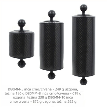 Podvodni fotografijski lampu je rameni i držač kuglične glave — aluminijska legura + karbonska vlakna, maksimalno opterećenje 2–5 kg, kompatibilno s kugličnom glavom od 1 inč, model D80MM