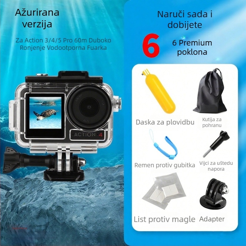 Vodootporno kućište za DJI Action5 Pro/4/3 | Materijal: PC + 316 nehrđajući čelik | Uključuje: vodootporno kućište, baza, vijci, anti-fog folija