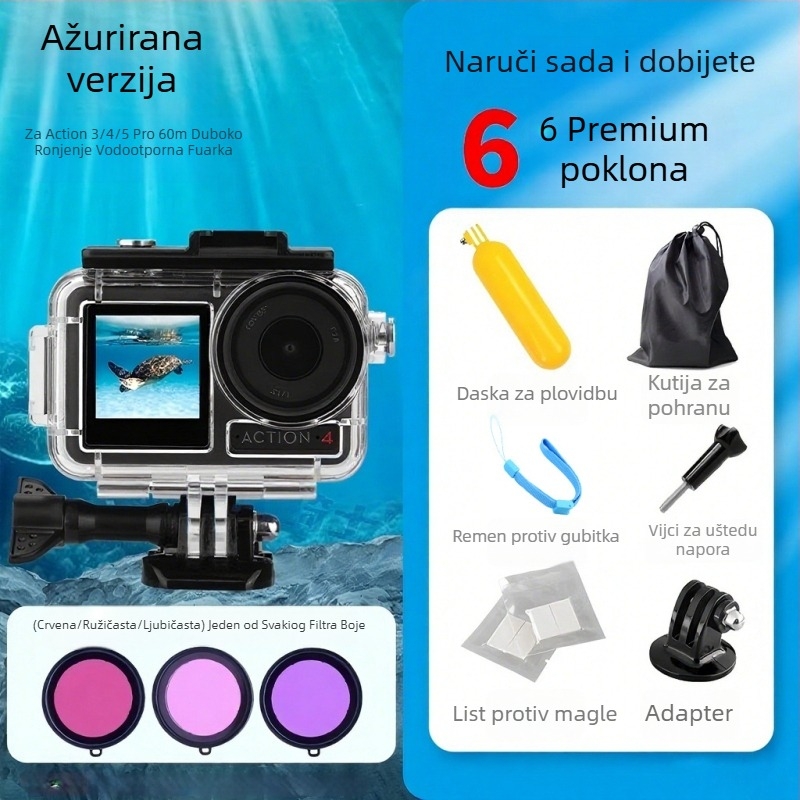 Vodootporno kućište za DJI Action5 Pro/4/3 | Materijal: PC + 316 nehrđajući čelik | Uključuje: vodootporno kućište, baza, vijci, anti-fog folija