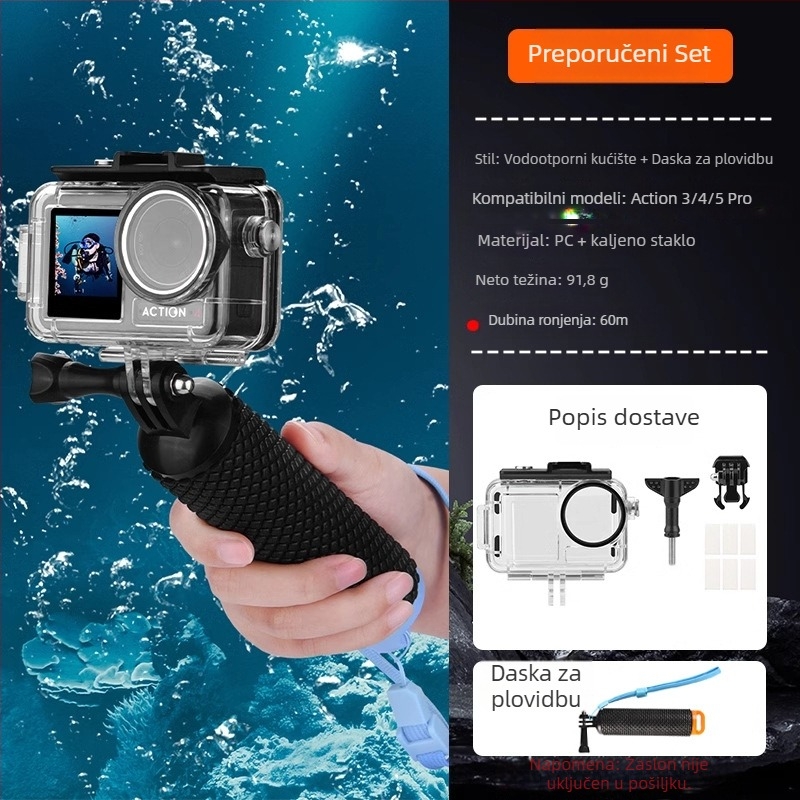 Vodootporno kućište za DJI Action5 Pro/4/3 | Materijal: PC + 316 nehrđajući čelik | Uključuje: vodootporno kućište, baza, vijci, anti-fog folija