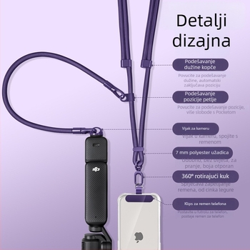 DJI Pocket 3 kaiš za vrat — 3-u-1 kaiš za crossbody, unisex; materijali: najlon, poliestersko uže, metalna kopča