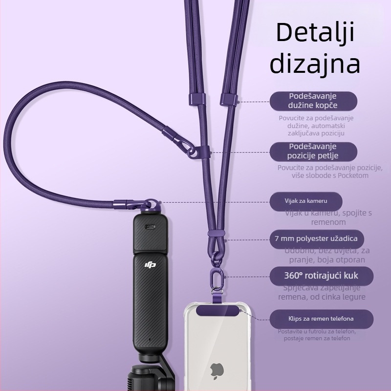 DJI Pocket 3 kaiš za vrat — 3-u-1 kaiš za crossbody, unisex; materijali: najlon, poliestersko uže, metalna kopča