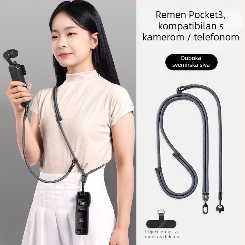 DJI Pocket 3 kaiš za vrat — 3-u-1 kaiš za crossbody, unisex; materijali: najlon, poliestersko uže, metalna kopča