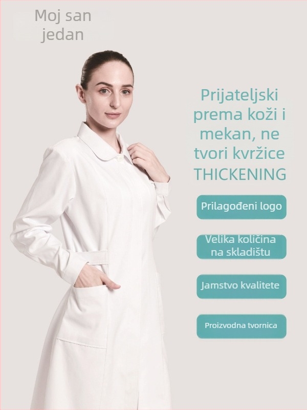 Bolničarska sestrinska uniforma: dvodjelni set s dugim rukavima, tisk logotipa i prilagodba; tkanina poliester-bavla s odvlačenjem vlage, okrugli vrat, srednja duljina; za bolnice, ljekarne, klinike i salone ljepote