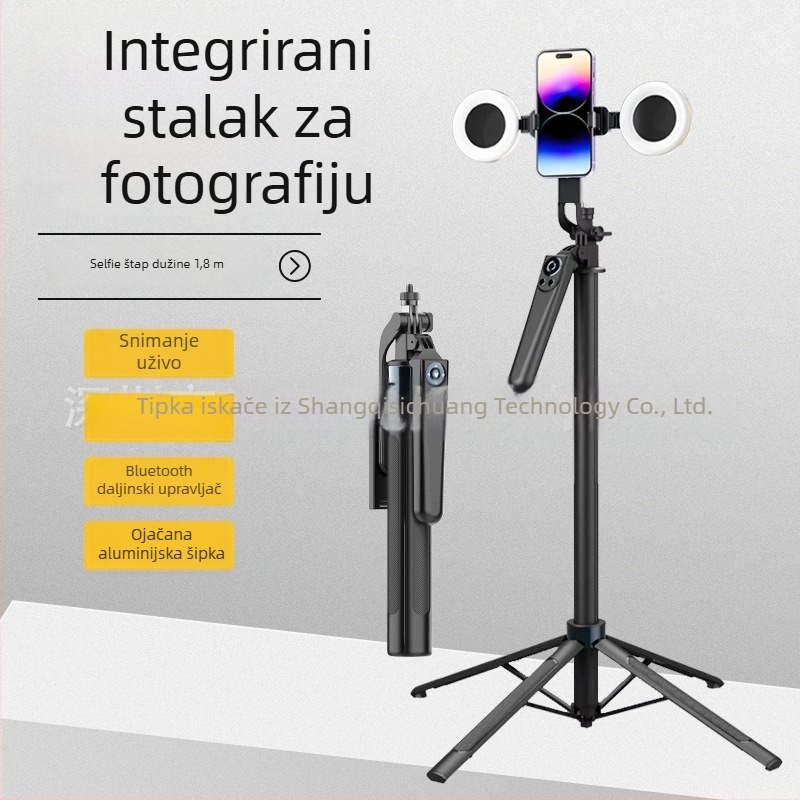 Selfie štap za mobitel s anti‑drhtavim Quadpod stabilizatorom | Materijal: ABS + aluminijska legura / nehrđajući čelik | Uključuje daljinski upravljač | Bluetooth podrška | Dodatno osvjetljenje