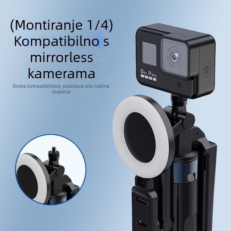 Selfie štap za mobitel s anti‑drhtavim Quadpod stabilizatorom | Materijal: ABS + aluminijska legura / nehrđajući čelik | Uključuje daljinski upravljač | Bluetooth podrška | Dodatno osvjetljenje
