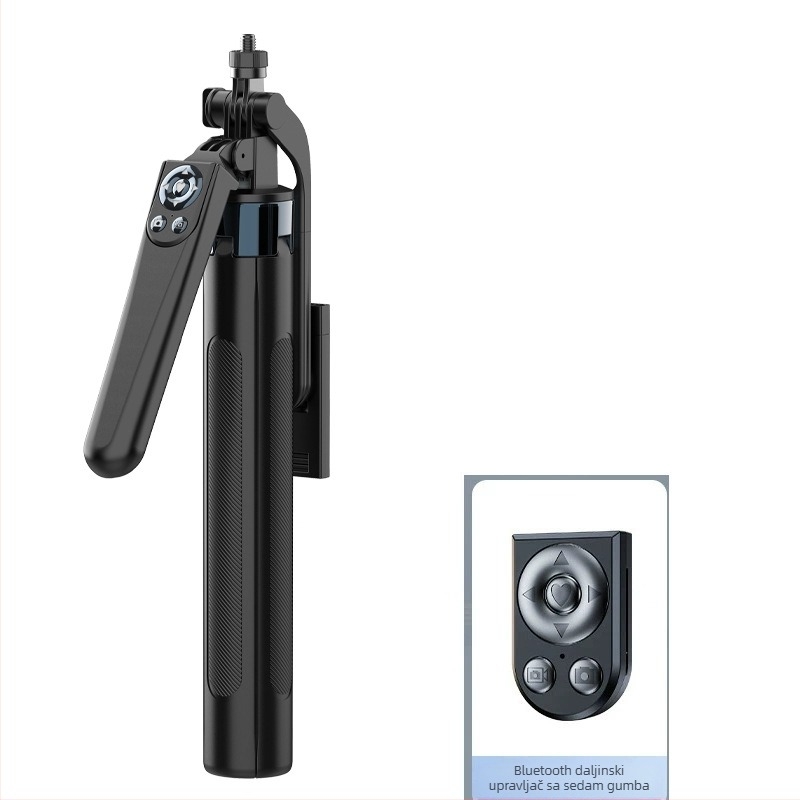 Selfie štap za mobitel s anti‑drhtavim Quadpod stabilizatorom | Materijal: ABS + aluminijska legura / nehrđajući čelik | Uključuje daljinski upravljač | Bluetooth podrška | Dodatno osvjetljenje