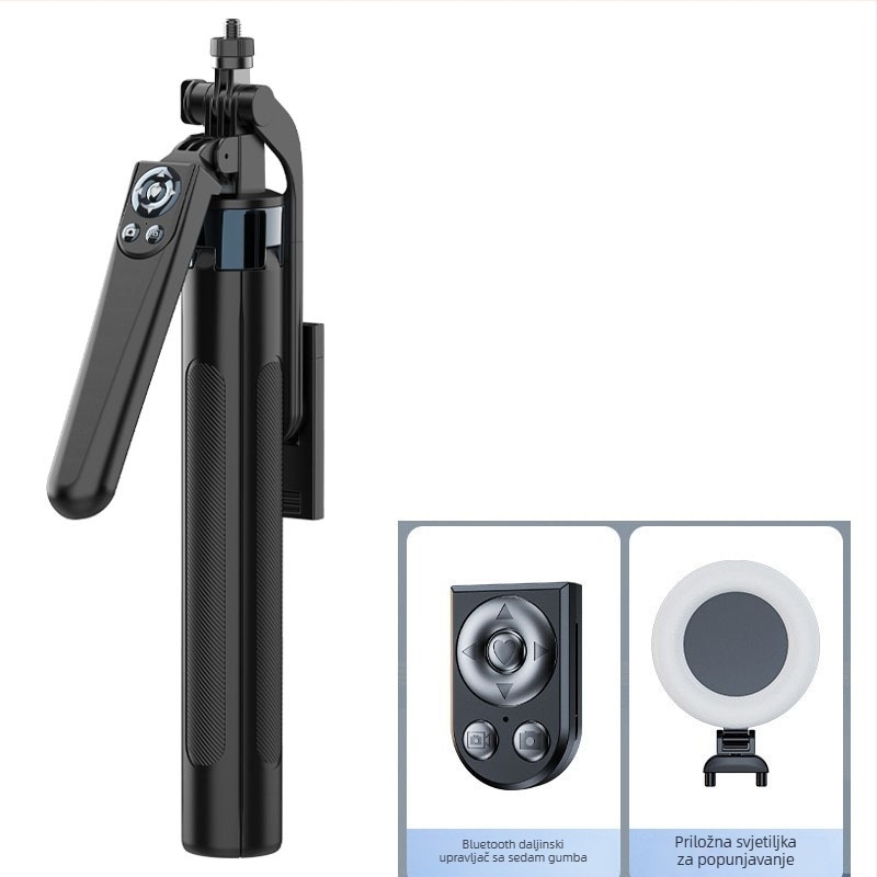 Selfie štap za mobitel s anti‑drhtavim Quadpod stabilizatorom | Materijal: ABS + aluminijska legura / nehrđajući čelik | Uključuje daljinski upravljač | Bluetooth podrška | Dodatno osvjetljenje